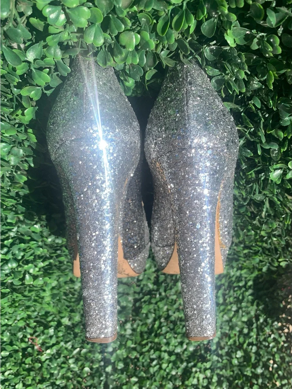 Refurbished Miu Miu silver glitter platform high chunky heels Sz 37 w/ 5” heel